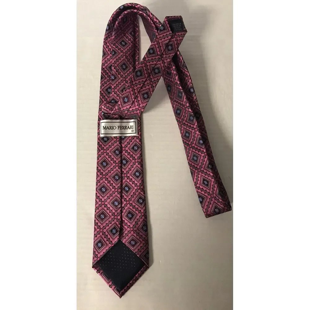 Mario Ferrari Necktie Tie Hand Made‎ Pink Multicolor W/ Pattern Mens
